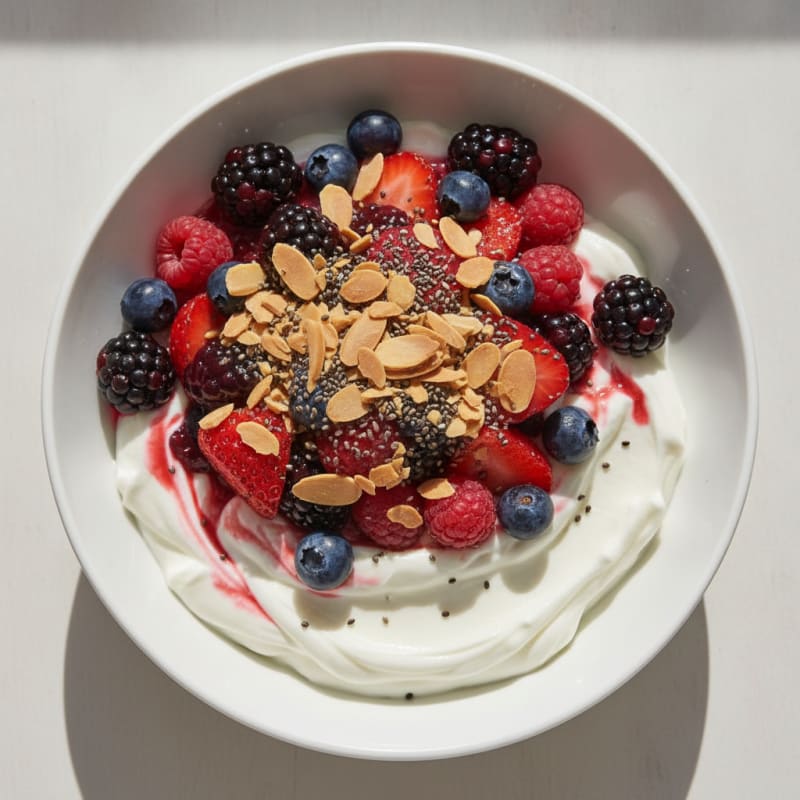 Greek Yogurt Protein Parfait with Mixed Berries and Almonds