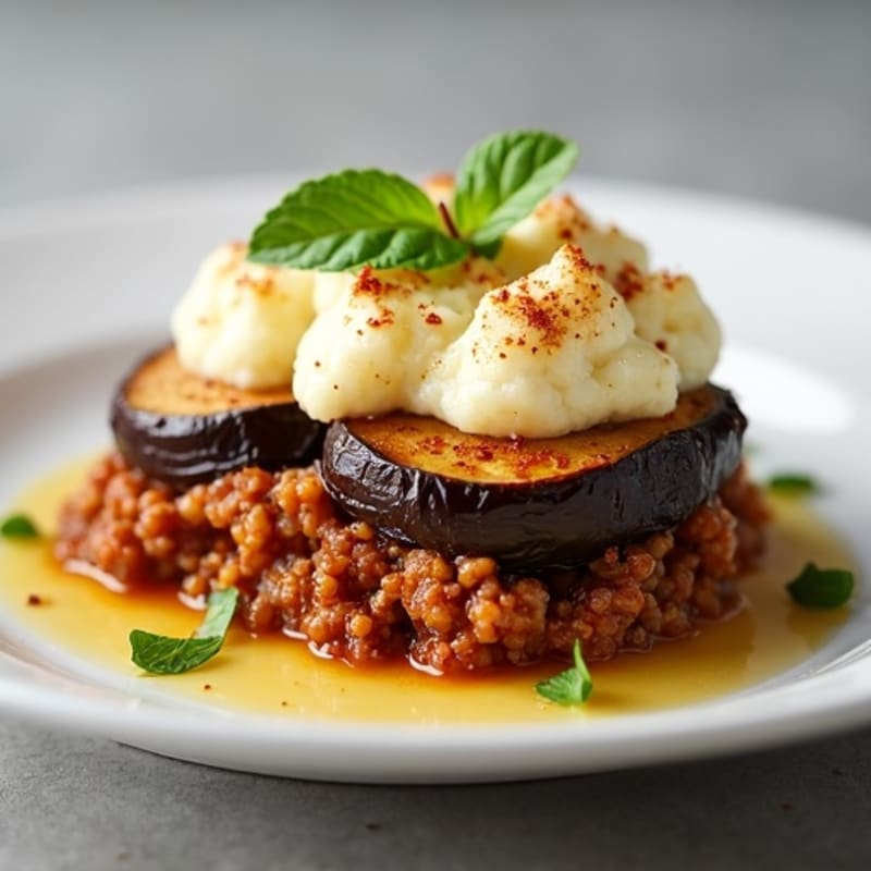 Roasted Eggplant and Lean Lamb Bake with Creamy Cauliflower Topping