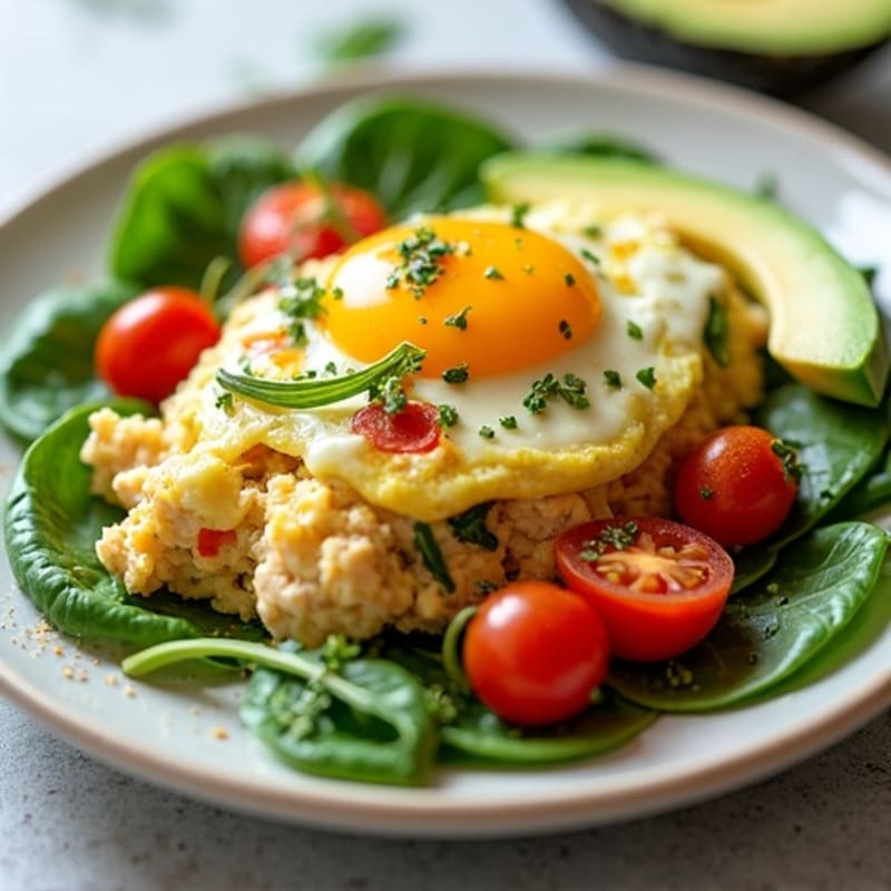 Egg White Spinach Scramble with Lean Turkey and Roasted Tomatoes