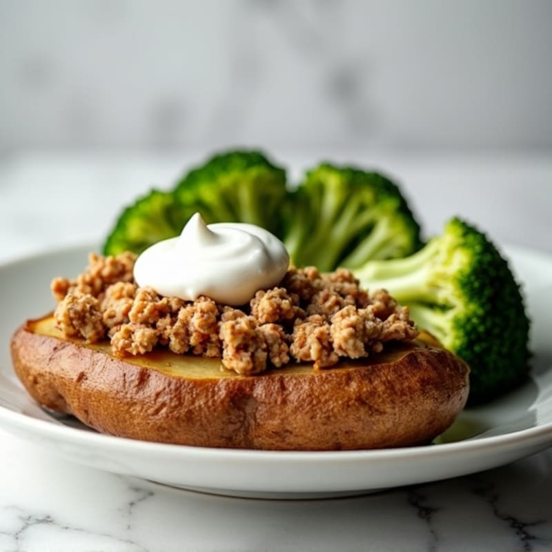 Crispy Baked Potato with Lean Ground Turkey, Steamed Broccoli, and Greek Yogurt