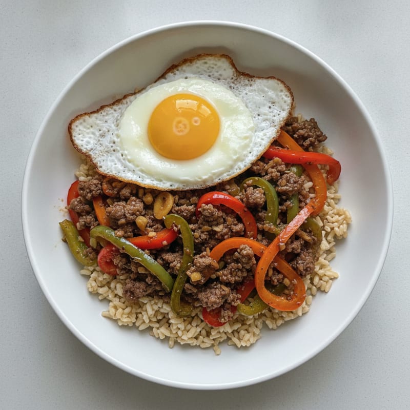Ground Beef Stir-Fry with Bell Peppers and Brown Rice