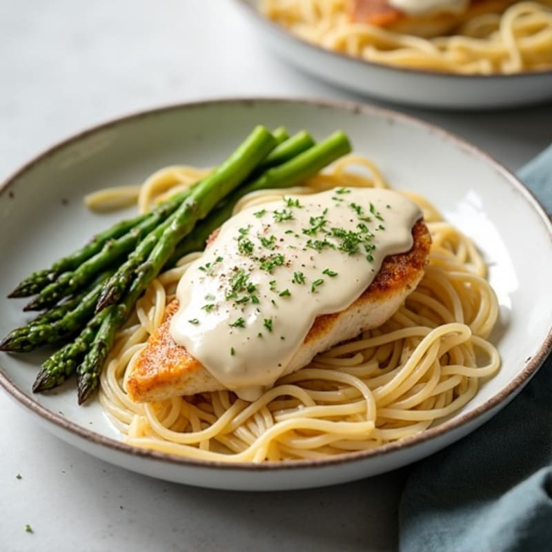 Healthy Creamy Chicken Alfredo with Roasted Asparagus