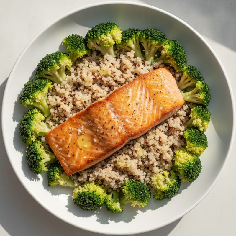 Seared Salmon with Steamed Broccoli and Quinoa