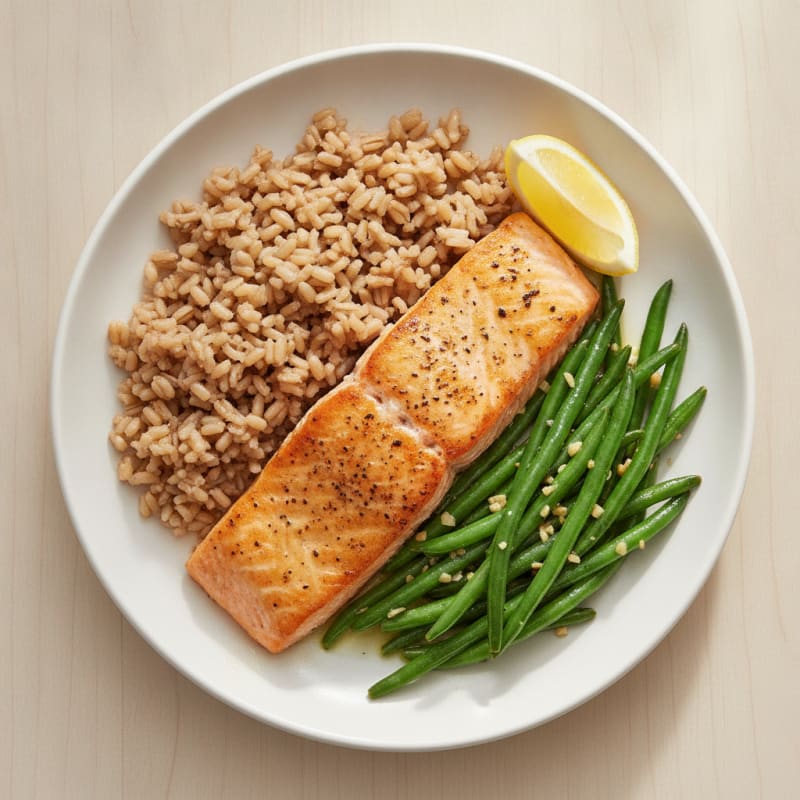 Seared Salmon Fillet with Garlic Green Beans and Brown Rice