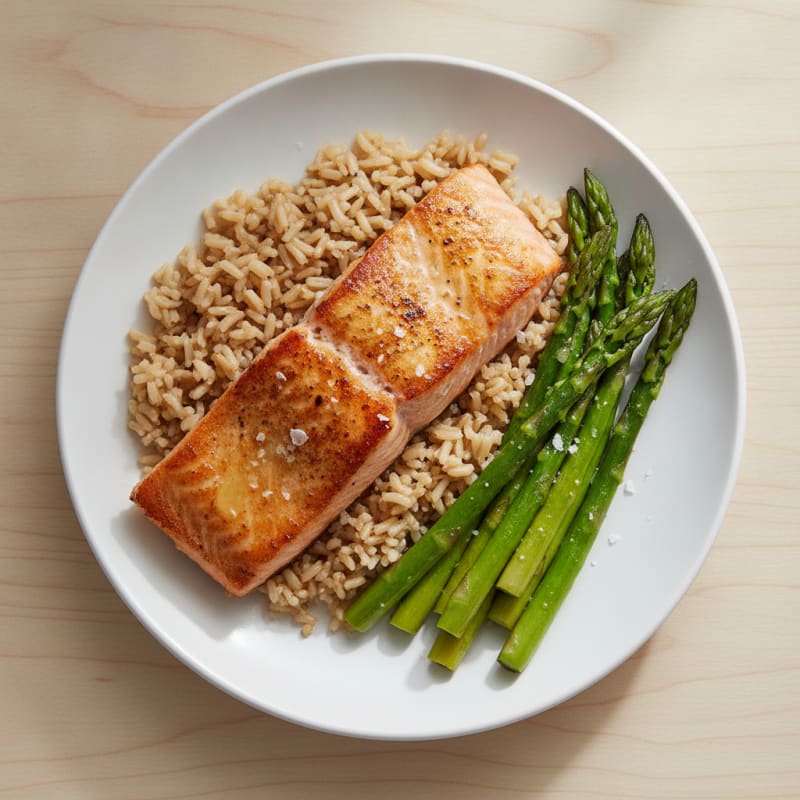 Seared Salmon with Steamed Asparagus and Brown Rice