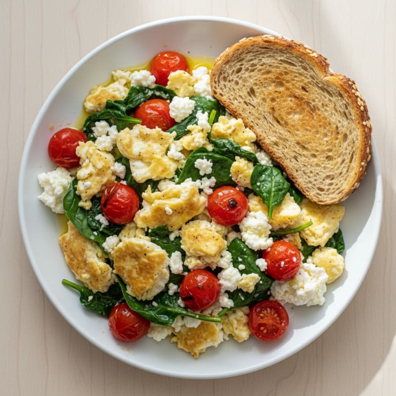 Cottage Cheese Egg Scramble with Spinach and Cherry Tomatoes