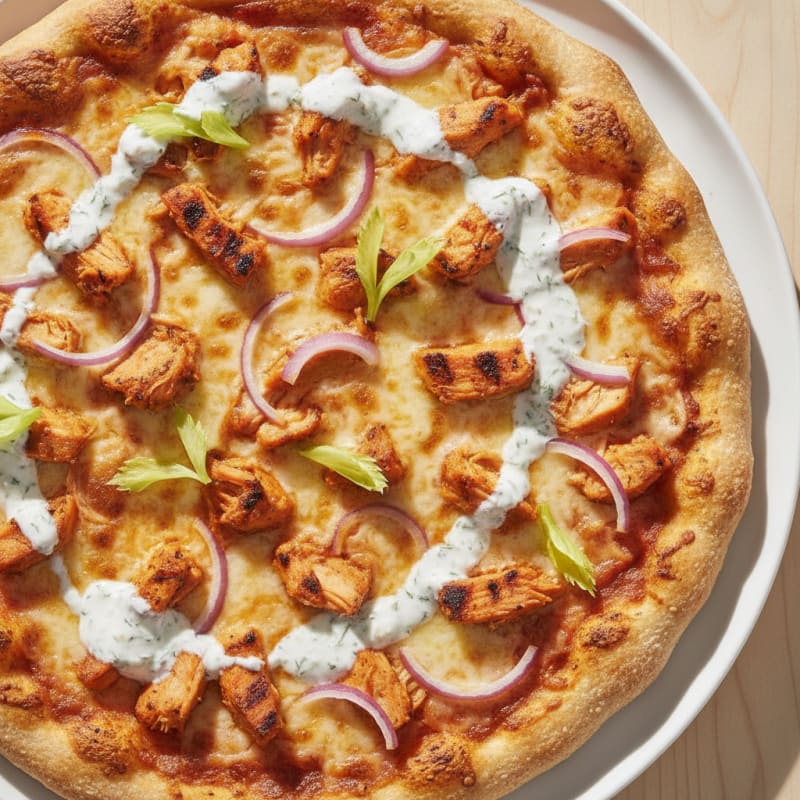 Buffalo Chicken Pizza with Ranch Drizzle