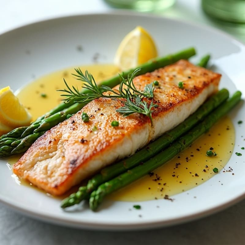 Pan-Seared Bronzino with Crispy Skin and Lemon-Garlic Asparagus