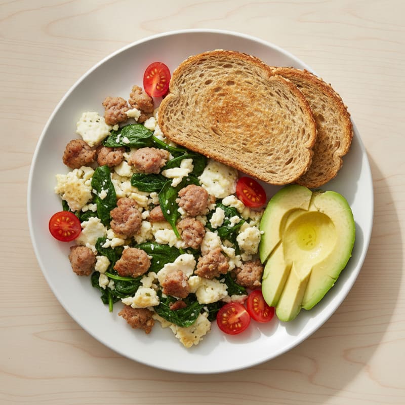 Egg White Scramble with Turkey Sausage and Spinach