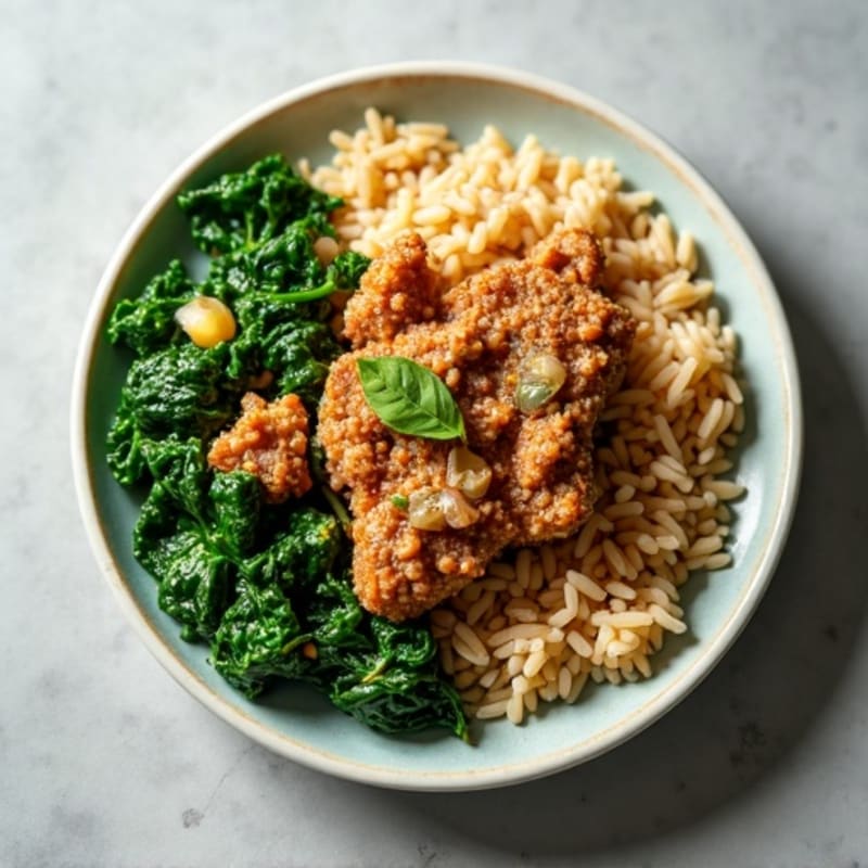 Lean Ground Turkey and Brown Rice Skillet with Sautéed Spinach