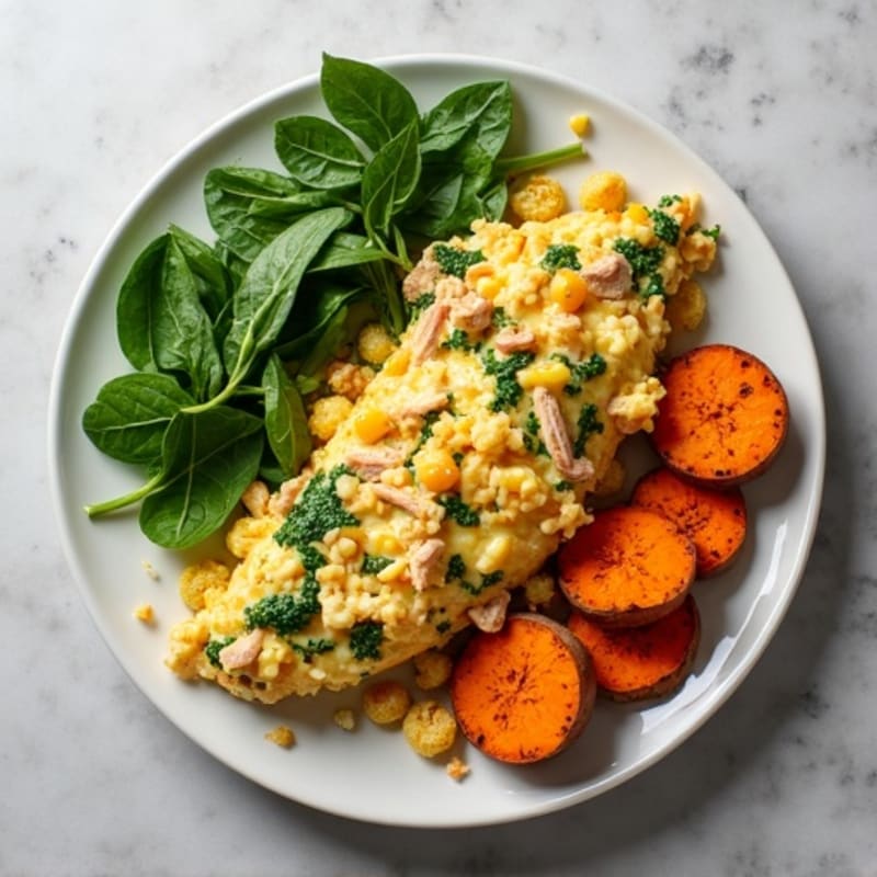 Egg White Spinach Scramble with Turkey and Roasted Sweet Potato