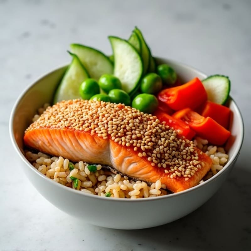 Sesame-Crusted Salmon Brown Rice Bowl with Fresh Crunchy Vegetables
