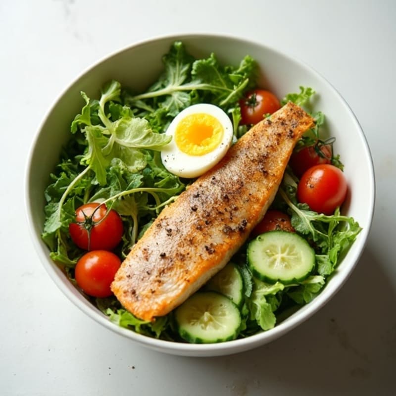 Flaked Mackerel Power Bowl with Crunchy Greens and Lemon Herb Dressing
