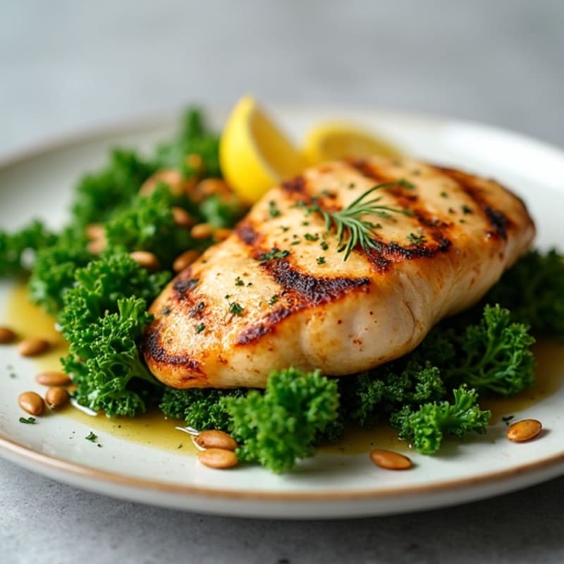 Grilled Chicken Breast over Crunchy Kale Salad with Pumpkin Seeds