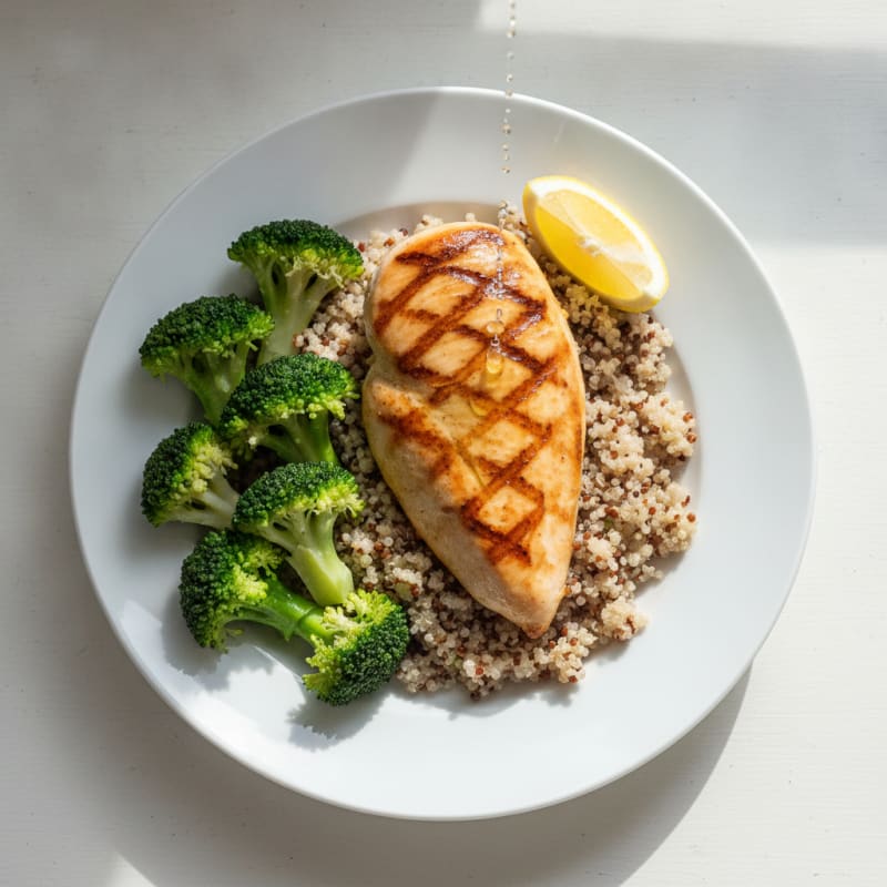 Grilled Chicken Breast with Steamed Broccoli and Quinoa