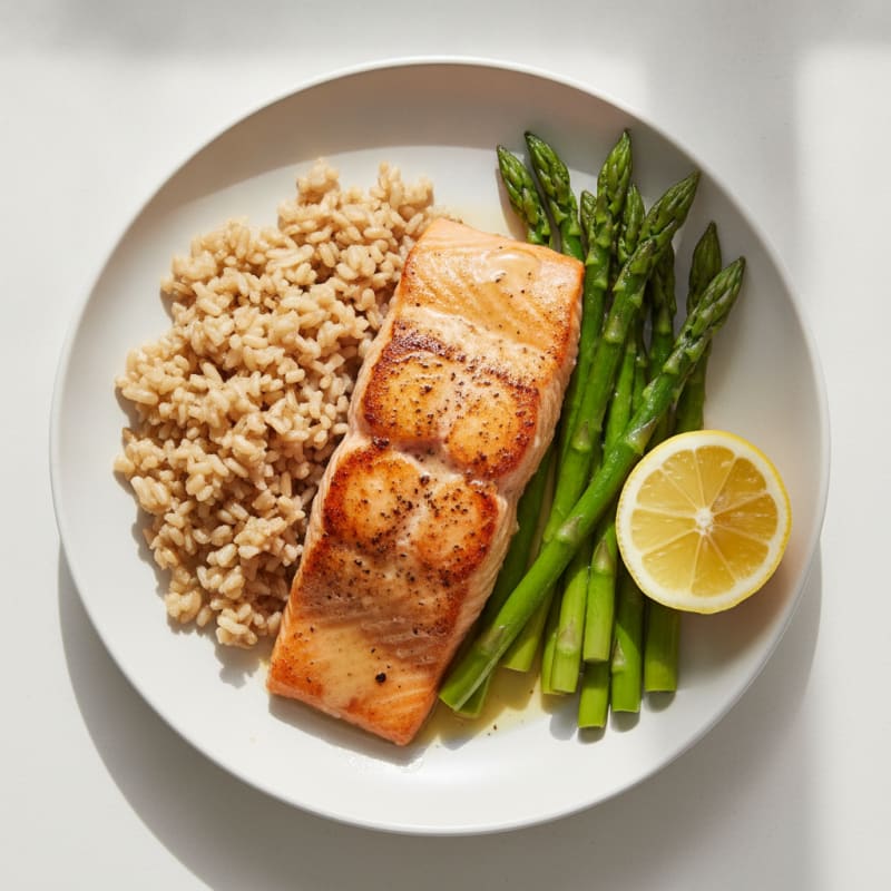 Seared Salmon Fillet with Steamed Asparagus and Brown Rice