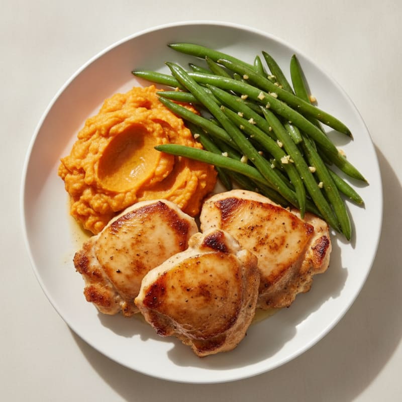 Seared Chicken Thighs with Steamed Green Beans and Sweet Potato Mash