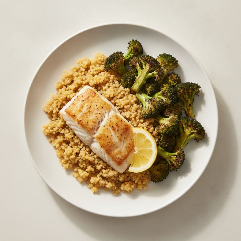 Seared White Fish with Roasted Broccoli and Quinoa Pilaf