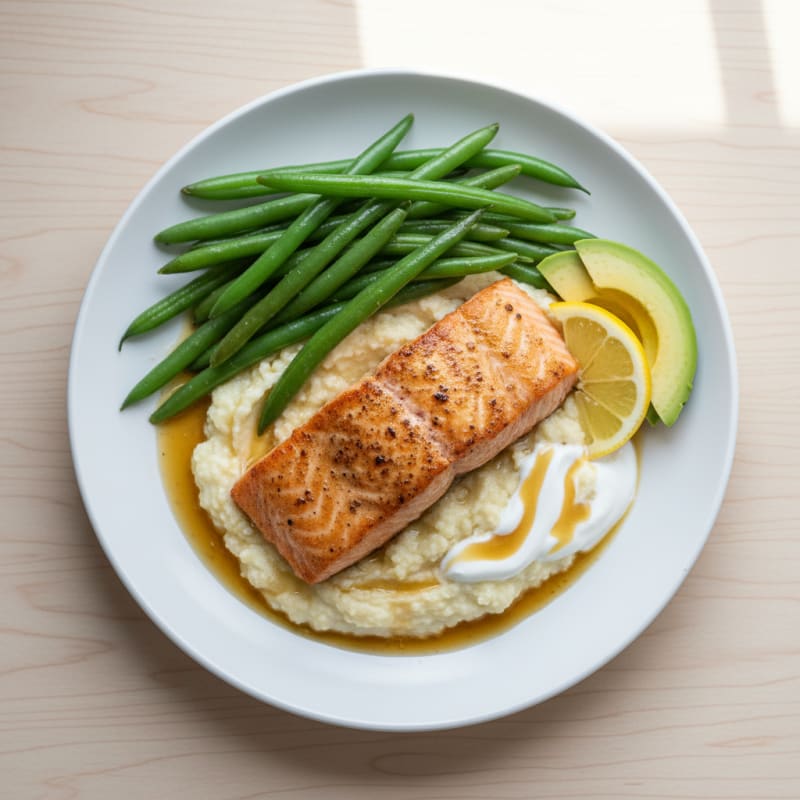 Seared Salmon with Steamed Green Beans and Cauliflower Mash