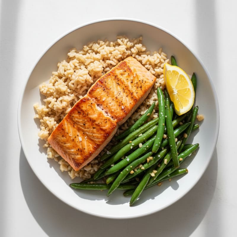 Seared Salmon Fillet with Garlic Green Beans and Brown Rice