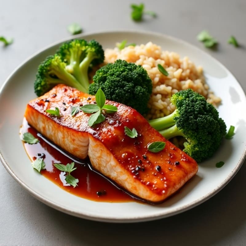 Pan-Seared Teriyaki Glazed Salmon with Crispy Roasted Broccoli and Brown Rice