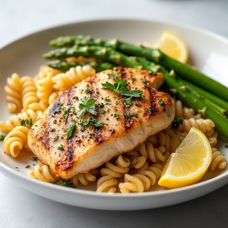 Whole Wheat Pasta with Lemon Herb Chicken and Roasted Asparagus