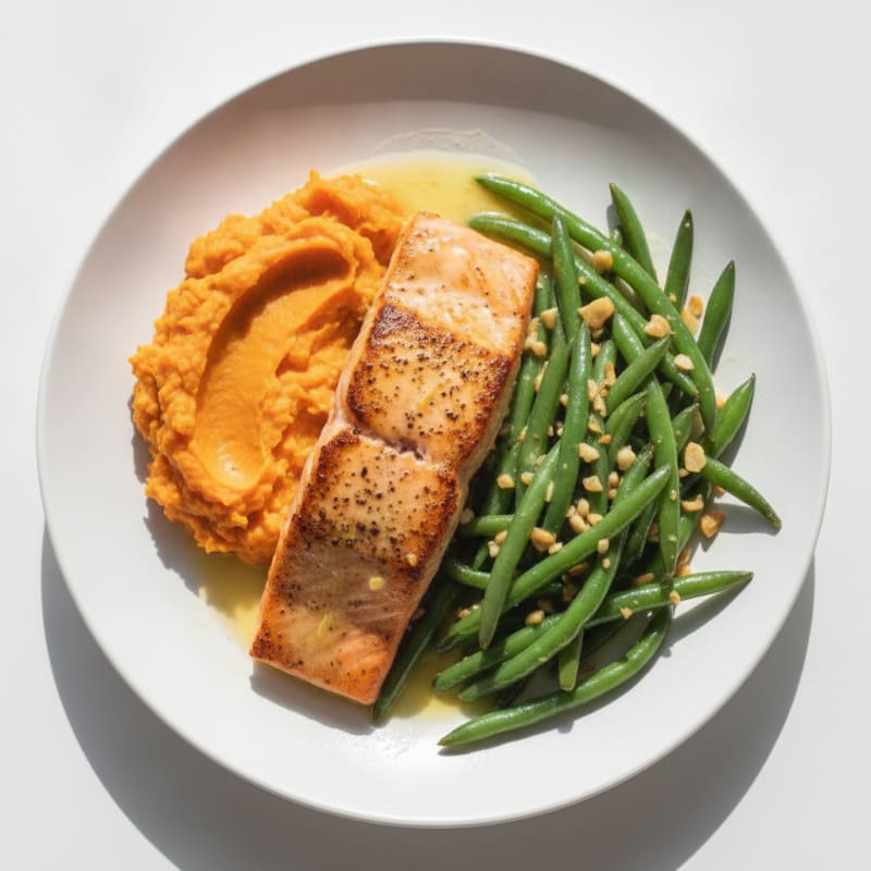 Seared Salmon with Garlic Green Beans and Mashed Sweet Potatoes