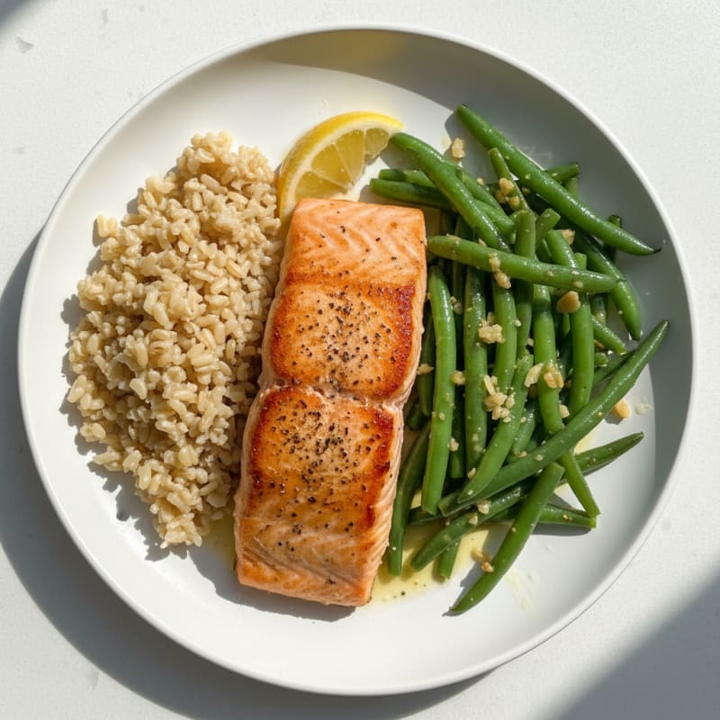 Seared Salmon with Garlic Green Beans and Brown Rice