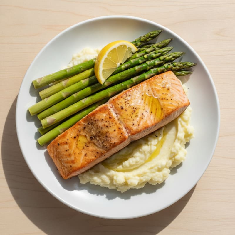 Seared Salmon with Steamed Asparagus and Garlic Mashed Cauliflower