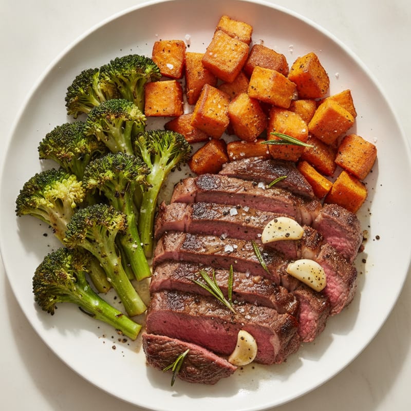 Garlic Herb Steak with Roasted Broccoli and Sweet Potatoes