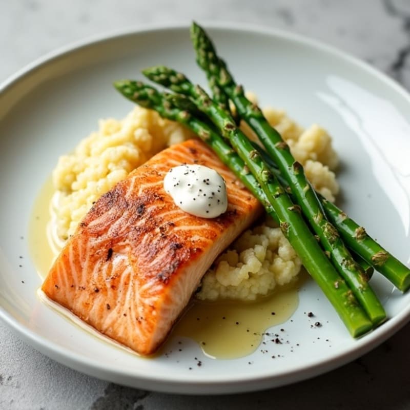 Seared Salmon with Steamed Asparagus and Cauliflower Mash