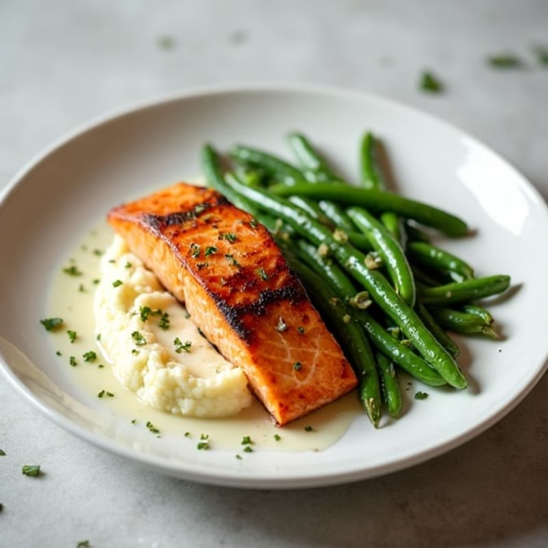 Seared Salmon with Garlic Green Beans and Cauliflower Mash