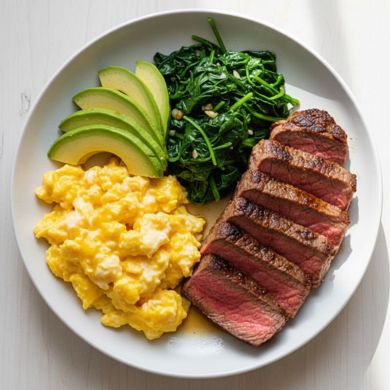 Creamy Scrambled Eggs with Seared Steak and Sautéed Spinach