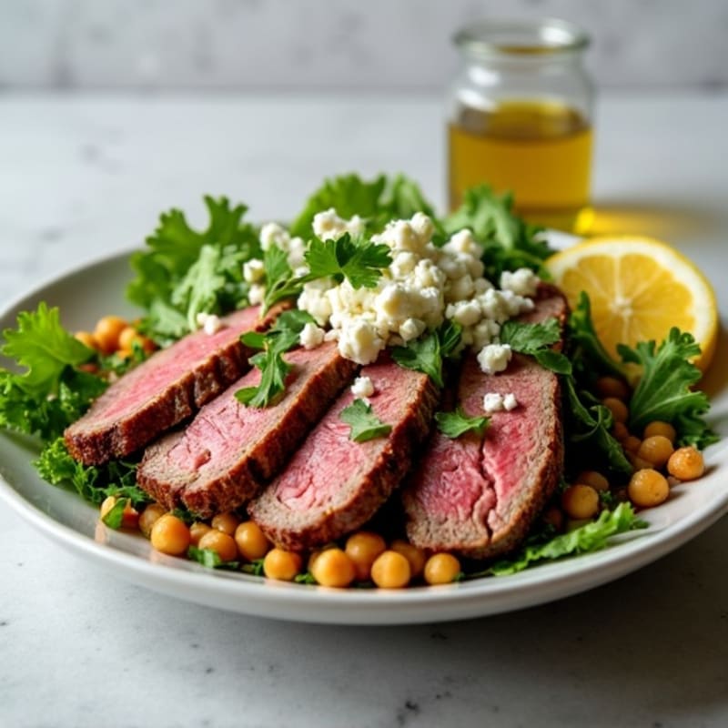 Grilled Beef Steak Salad with Crunchy Greens and Chickpeas