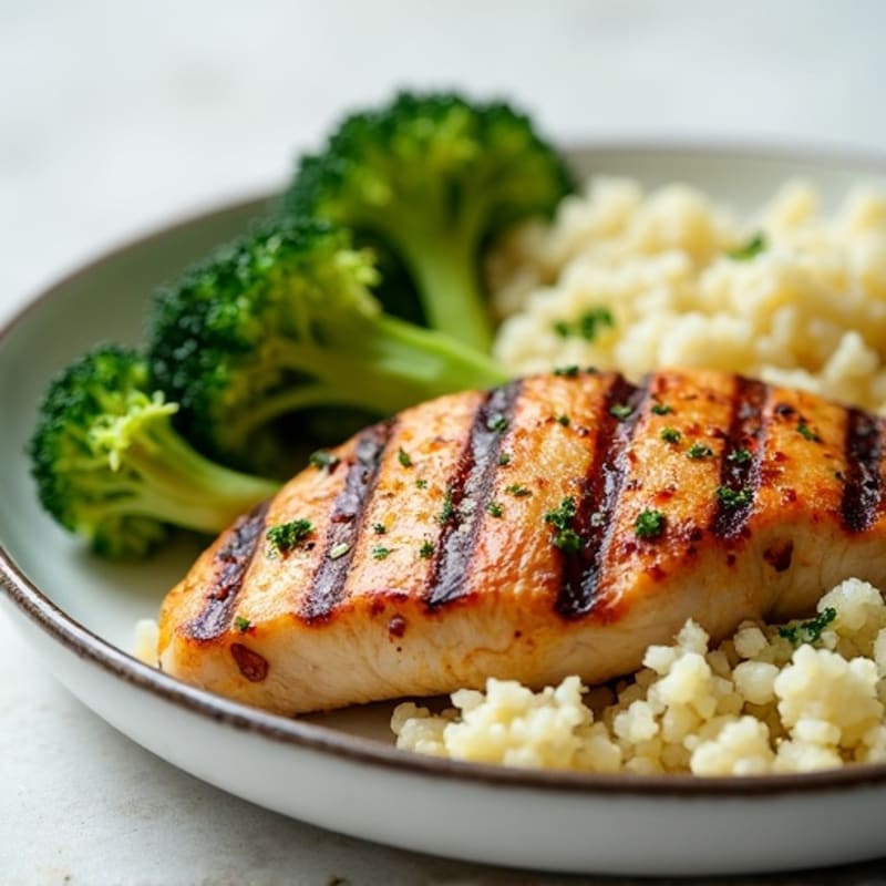 Grilled Chicken Breast with Steamed Broccoli and Cauliflower Rice