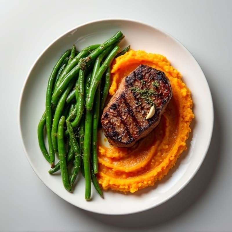 Seared Steak with Garlic Green Beans and Sweet Potato Mash