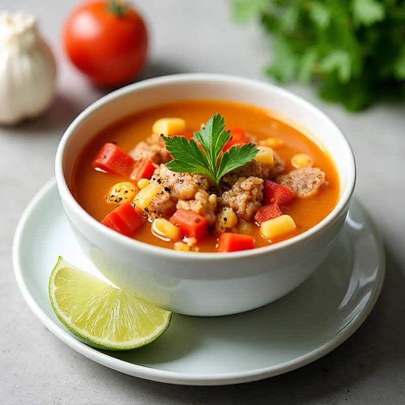 Lean Pork and Hominy Soup with Fresh Garnishes