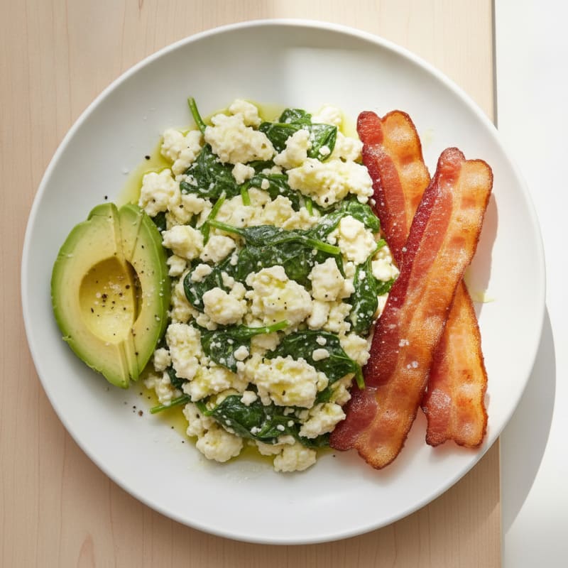Cottage Cheese Scramble with Spinach and Turkey Bacon