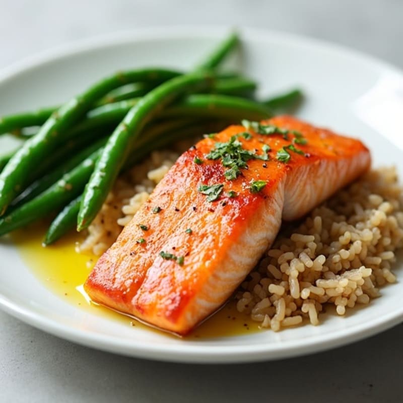 Seared Salmon Filet with Garlic Green Beans and Brown Rice