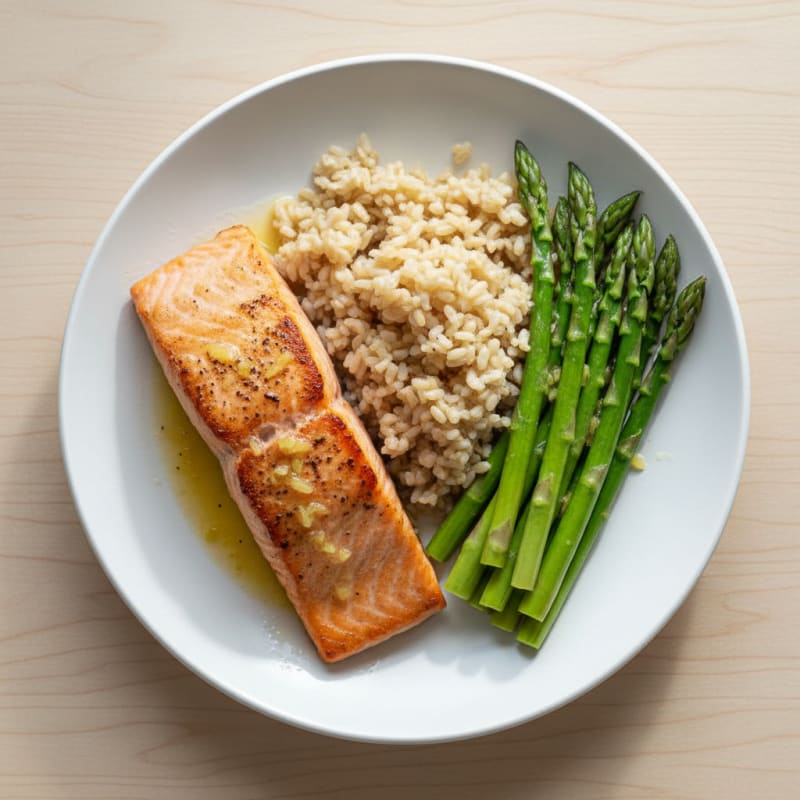Seared Salmon with Steamed Asparagus and Brown Rice
