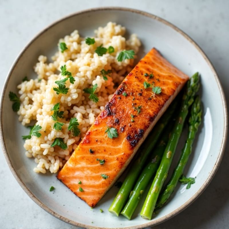 Seared Salmon with Steamed Asparagus and Garlic Herb Brown Rice