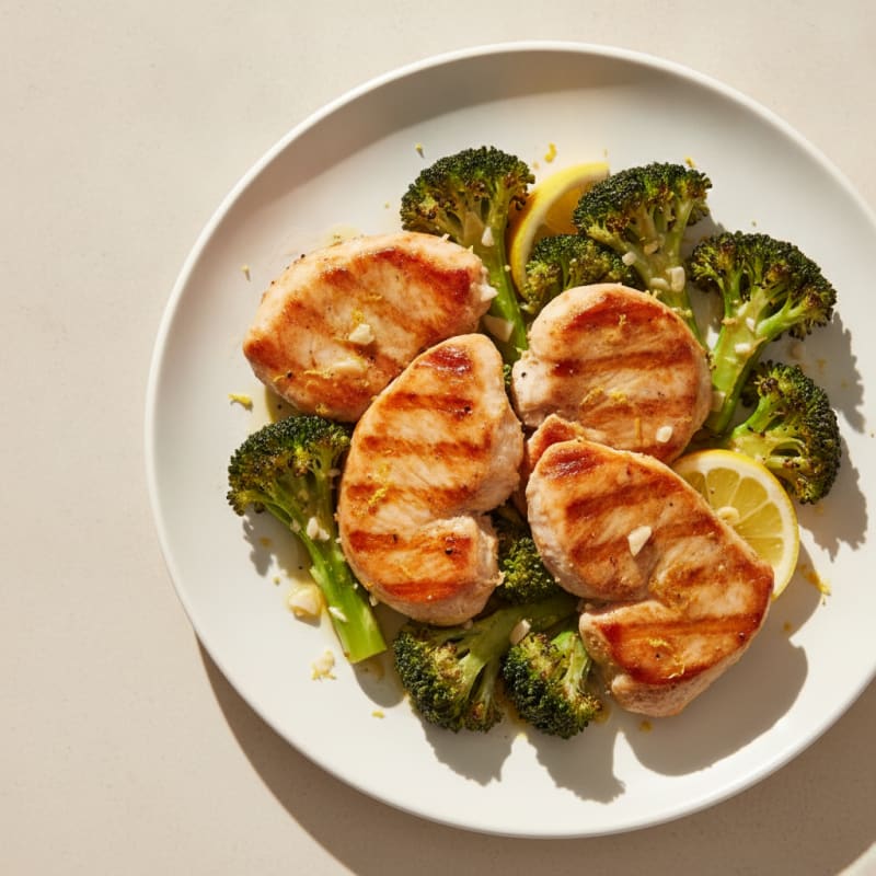 Seared Turkey Cutlets with Roasted Broccoli and Garlic
