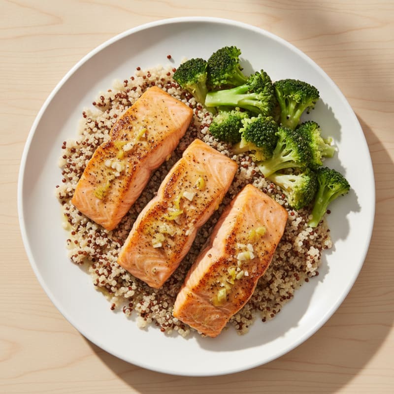 Garlic Roasted Salmon with Steamed Broccoli and Quinoa
