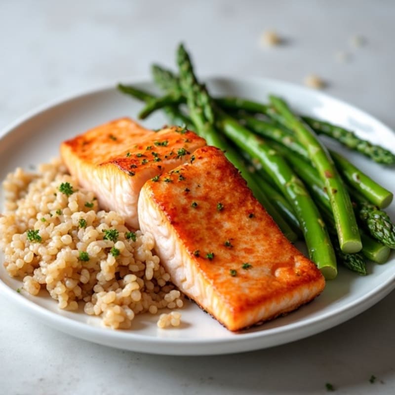 Seared Salmon with Steamed Asparagus and Brown Rice