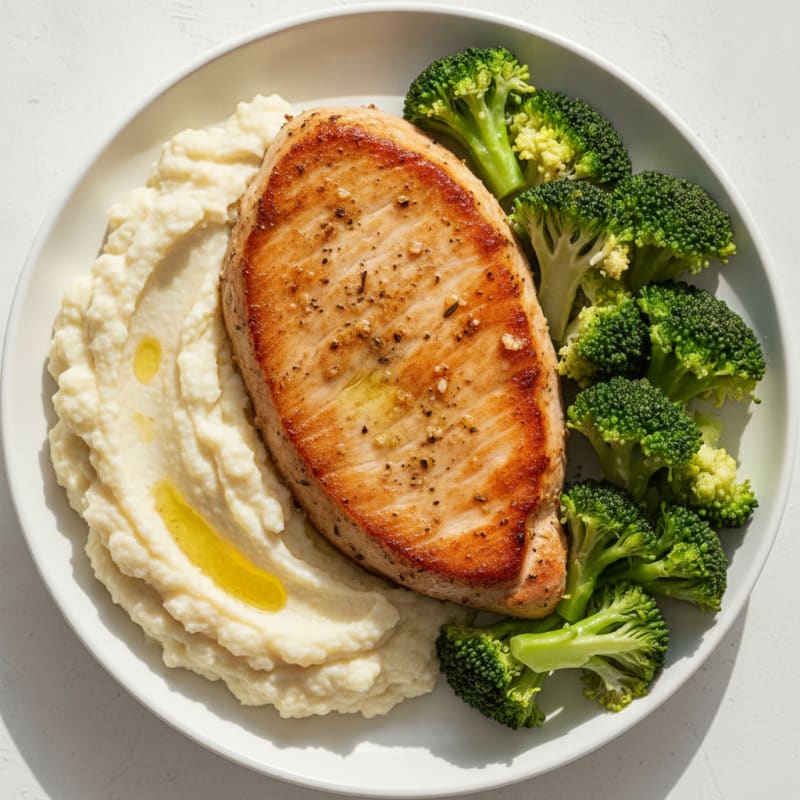Seared Turkey Breast with Steamed Broccoli and Cauliflower Mash