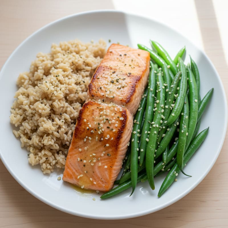 Seared Salmon Fillet with Steamed Green Beans and Brown Rice