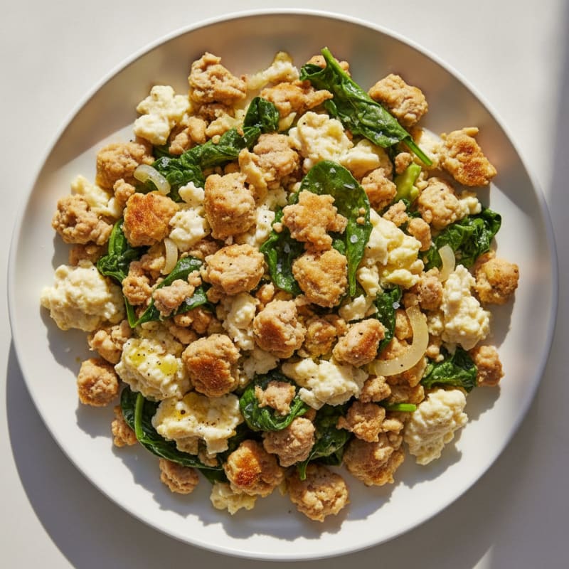 Egg White and Turkey Burger Scramble with Sautéed Spinach