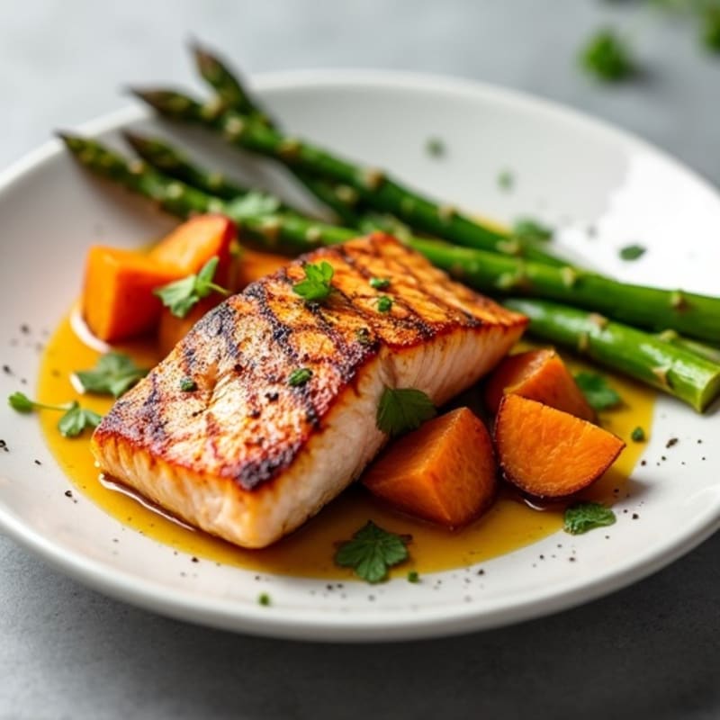 Seared Salmon with Roasted Sweet Potato and Asparagus