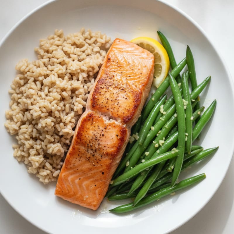 Seared Salmon with Garlic Green Beans and Brown Rice