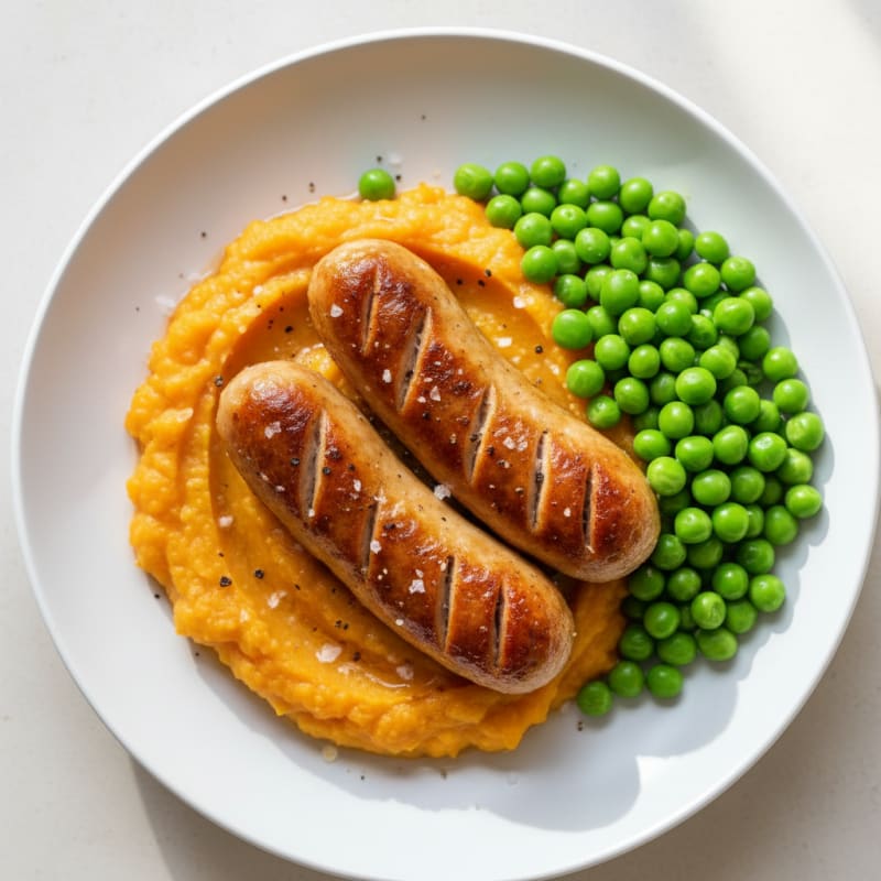 Sausages with Mashed Butternut Squash and Peas
